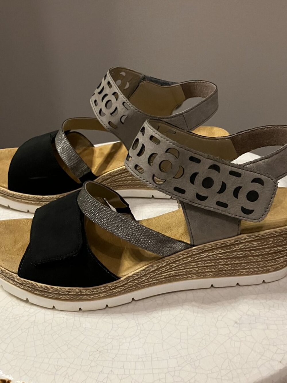 Rieker Black/Pewter Wedge Heel Sandals Size 42